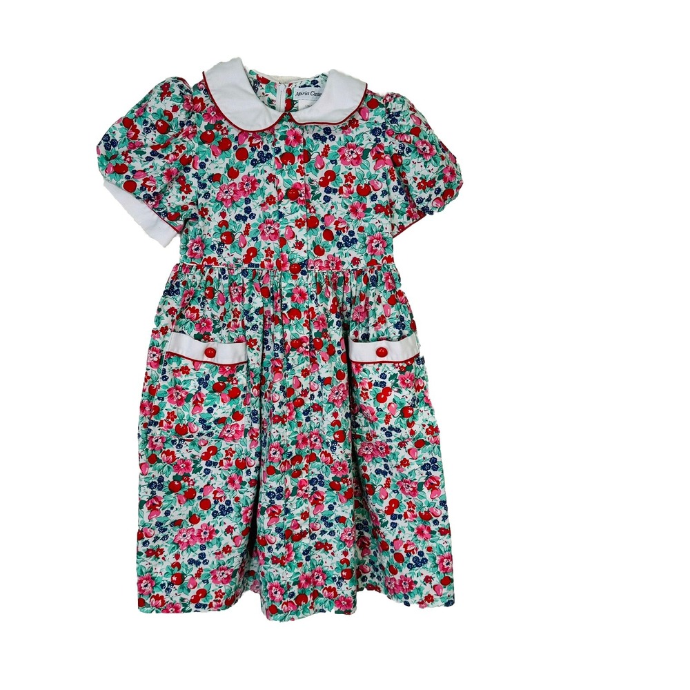 Maria Casero Floral Shift Dress Peter Pan Collar Padded Shoulders Girls Size 6